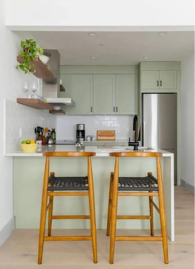 Mint Green Desk Cabinets with Sleek Black Stool - Contemporary - Kitchen