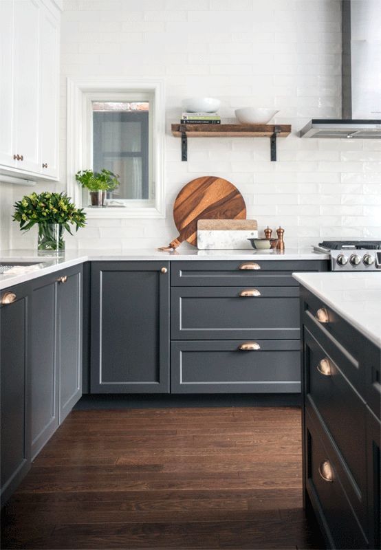 White Upper Cabinets and Gray Lower Cabinets with Gray Kitchen Island -  Transitional - Kitchen