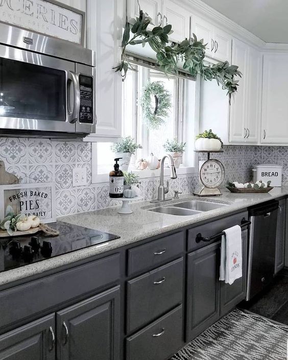 a stylish kitchen with white upper cabinets, graphite grey lower ones, a mosaic tile backsplash and stone countertops