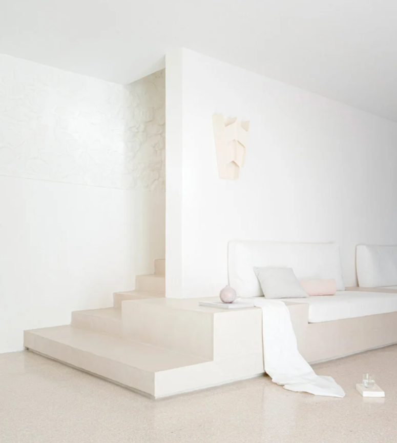 The interiors are ultra-minimalist, the color palette is white and neutrals to make them feel airy and ethereal