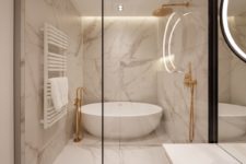 12 The master bathroom is clad with white marble and has an elegant shower and tub combo