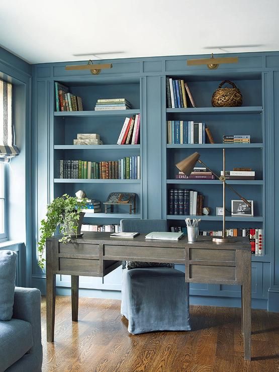 Home Design Ideas and Tips: 15 blue home office designs that are creative from each other Home Design Ideas and Tips: a chic blue home office with built in storage units a weathered wooden desk gold and brass touches