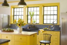 a cute yellow kitchen design with navy touches