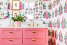tropical inspired bathroom design in pink tones