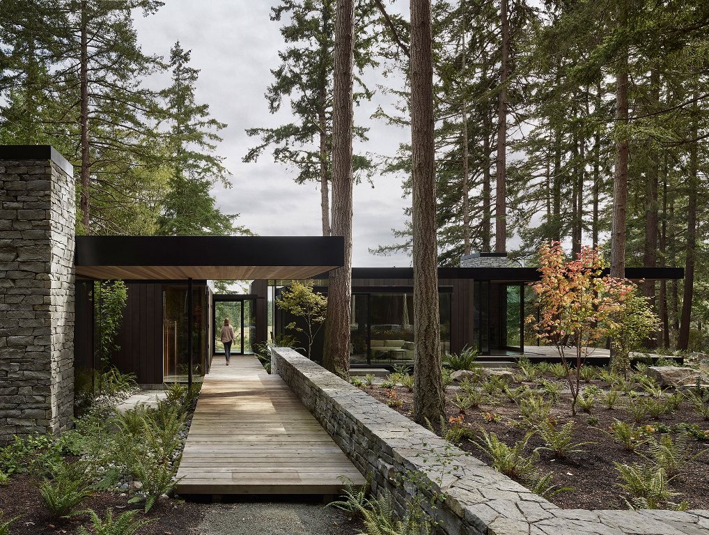 This gorgeous forest home is done in minimalist style, with all the trees preserved on the site