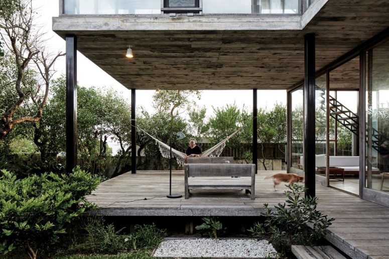 There's an open terrace with benches, a hammock and some built-in lights
