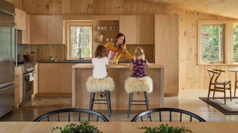 The kitchen is made of light-colored plywood, with a window to fill it with light