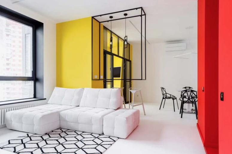 This is a block with a bright yellow bedroom and a red entryway block