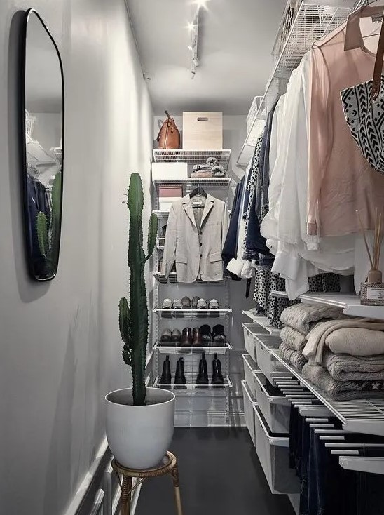 a narrow walk-in closet with white airy shelves and baskets for storage, railing and drawers, a mirror and a potted cactus