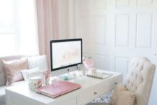 a neutral vintage-inspired home office with pink curtains, pillows, an ottoman and even a laptop for a cute look