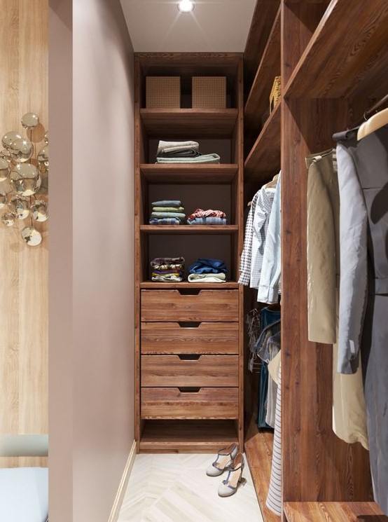 a rich-stained narrow closet with open shelves and drawers, some lights over the space is a well-organized and cool space