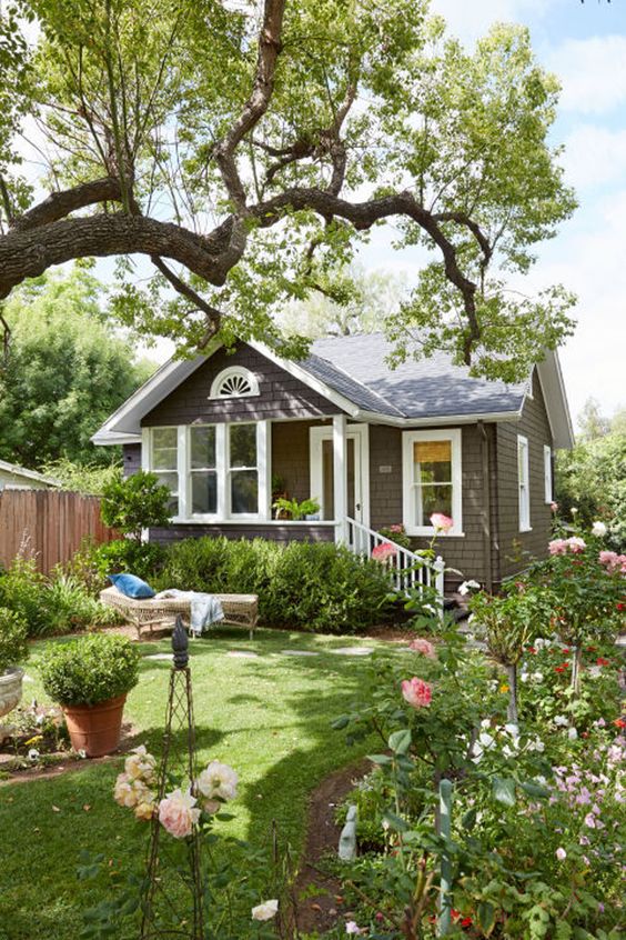 a small chic garden with blooms and greenery, with a manicured lawn, some greenery in pots and a large tree