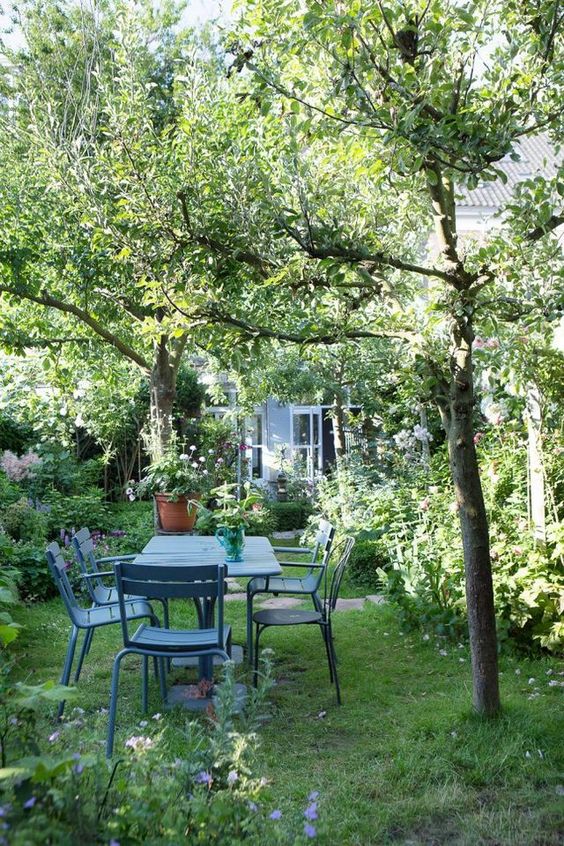 a small garden with a green lawn, some trees, lots of shrubs, trees and a blue garden dining set plus blooms