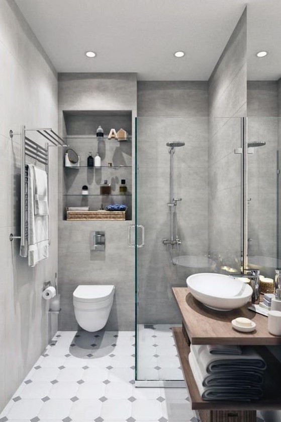 a small minimalist bathroom with concrete walls, a tiled floor, a floating open vanity and built-in shelves over the toilet