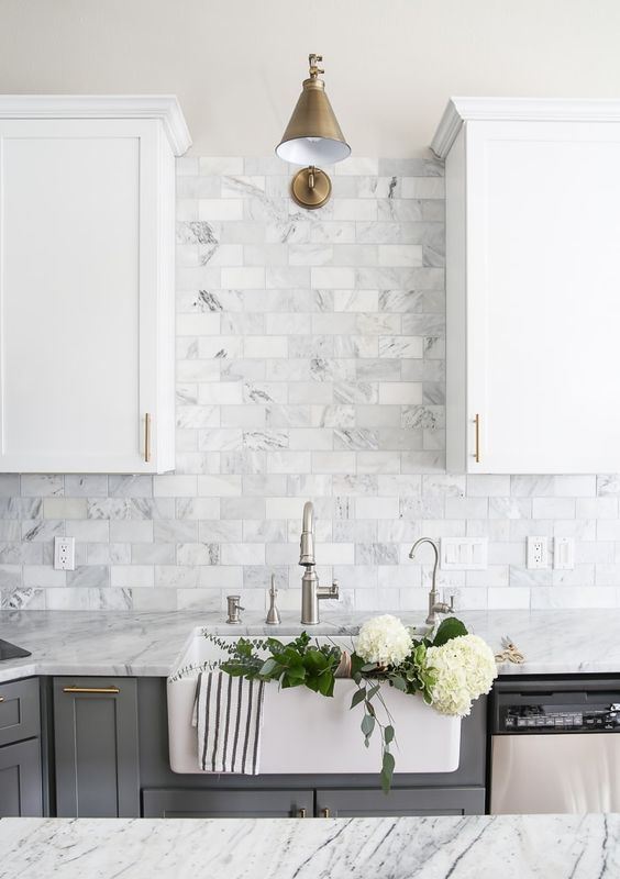 White Marble Home Decor Ideas, Grey Cabinets White Marble Countertops