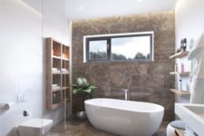 a refined bathroom with white walls and a statement brown marble wall and floor, modern wooden furniture and white appliances