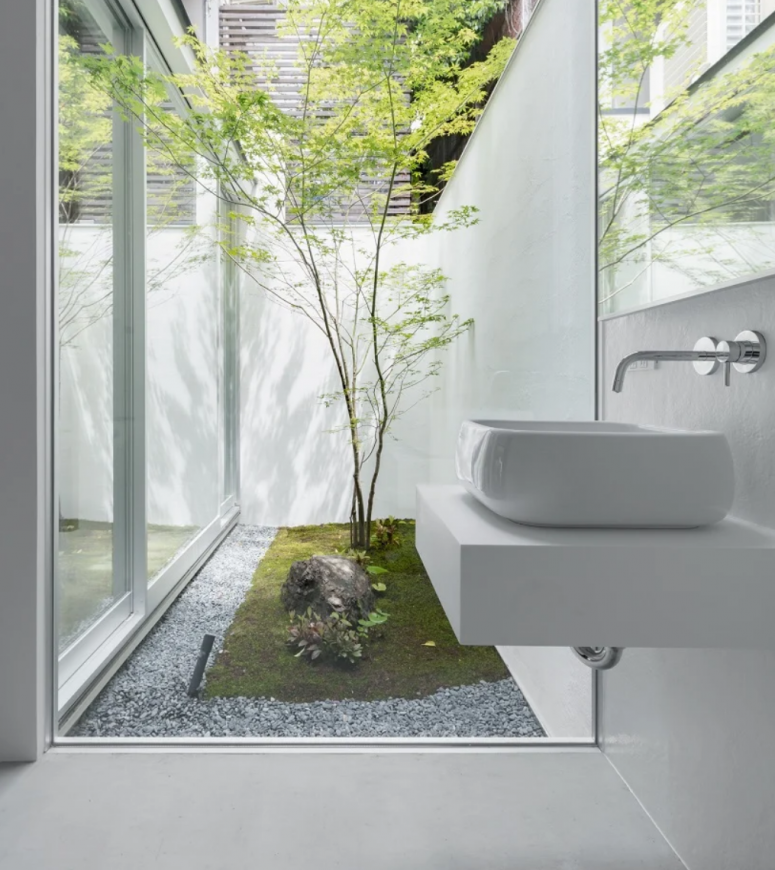 bathroom with an inner courtyard The bathrooms has glazed walls that go to an inner courtyard with rocks and trees - a fusion of nature and modenr design