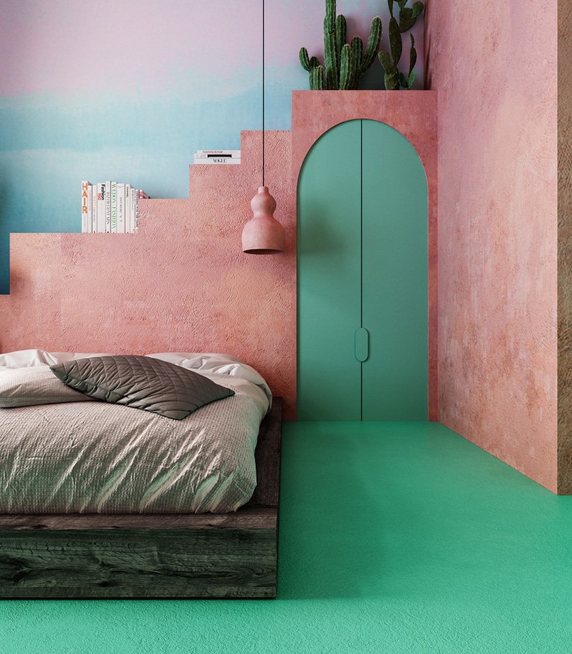 The master bedroom features Moroccan flavor, with a pink plaster wall, emerald doors, a weathered platform bed
