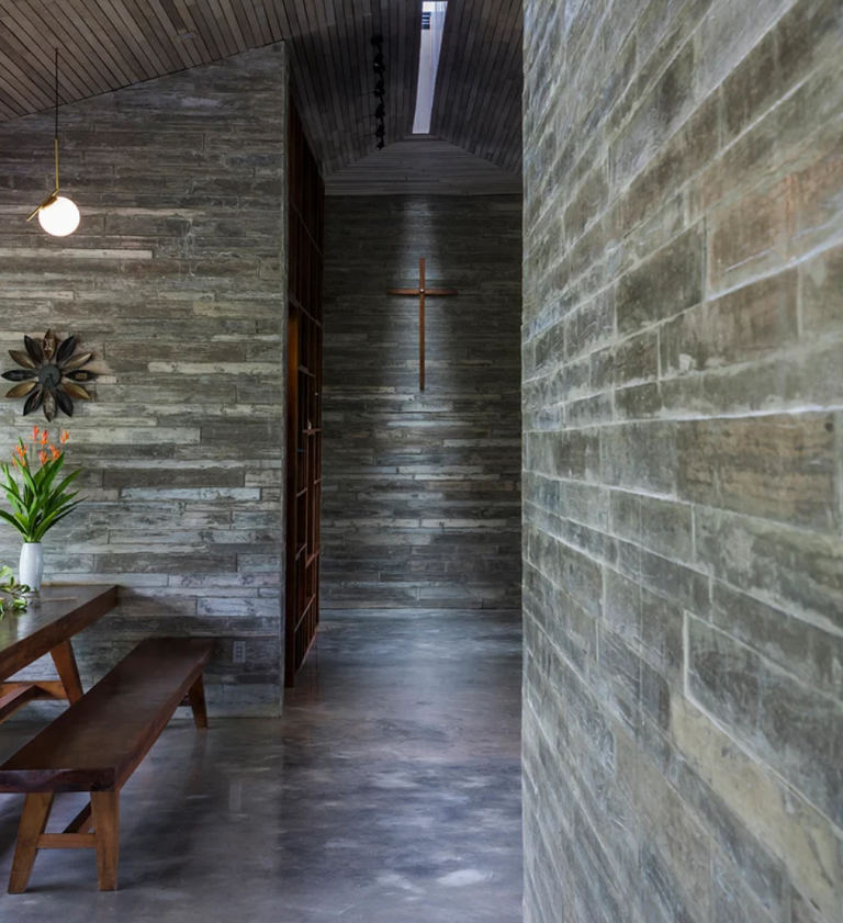 Other spaces also show off handmade woodgrain concrete boards that were used to keep the spaces cooler