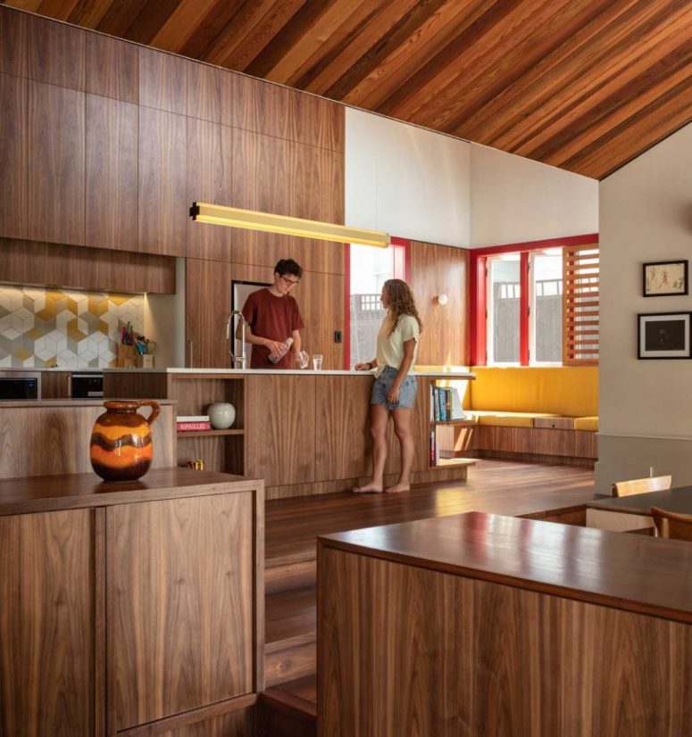 There's much cedar in decor and it brings a warm feeling of coziness to the spaces