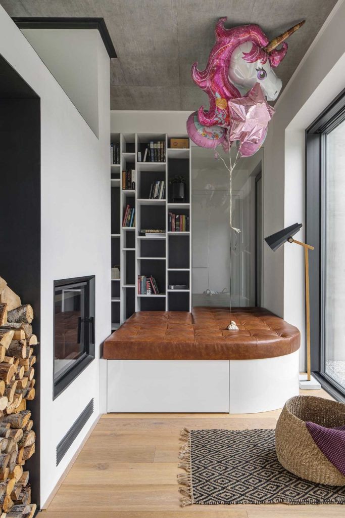 There's a cozy reading nook with a leather seat and storage, and the views are available through a glass wall There's a cozy reading nook with a leather seat and storage, and the views are available through a glass wall