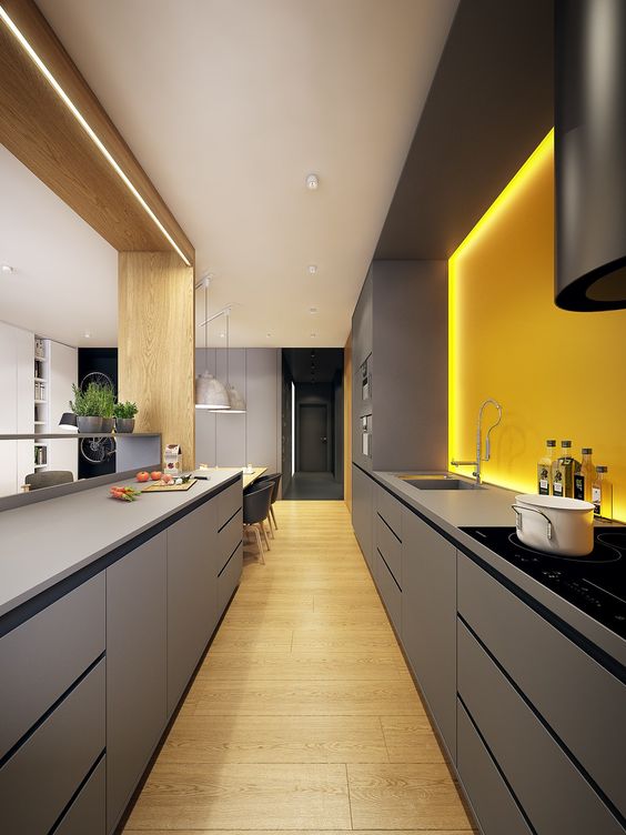 a bold minimalist kitchen with sleek grey cabinetry and a sunny yellow lit up backsplash for a bright look
