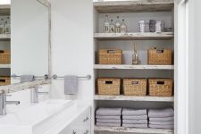 02 a neutral shabby chic bathroom with shabby chic open shelves on one side that give plenty of storage space