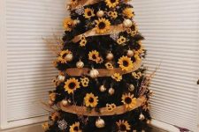03 a stylish Thanksgiving tree with faux sunflowers, gold ornaments and branches plus burlap ribbons
