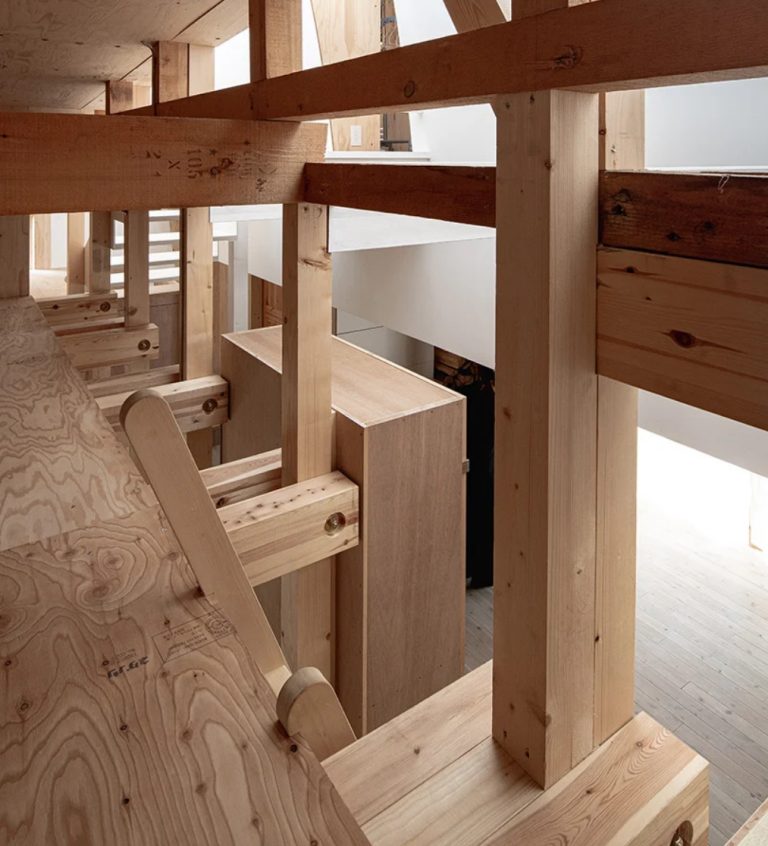 The whole house is made of wood and plywood and they aren't polished at all - the architect wanted the owners to enjoy these looks and textures