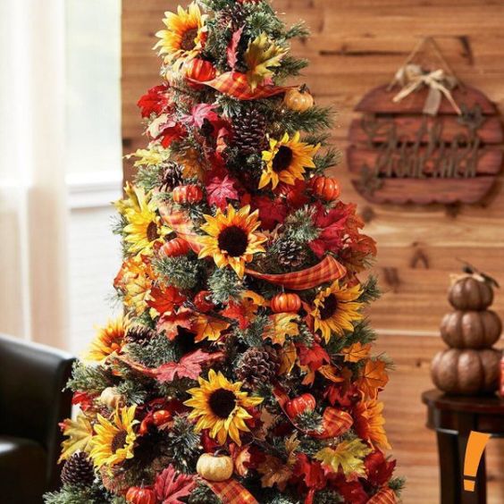 a bright Thanksgiving tree with pinecones, mini pumpkins, plaid ribbons, bright faux leaves and sunflowers