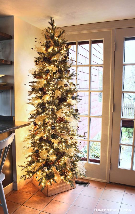 a elegant fall and Thanksgiving tree with lights, owls, black chalkboard ornaments, beads and branches