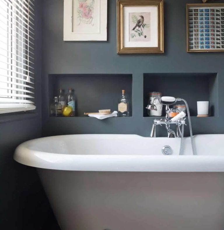 built-in box-shaped shelves over the tub can hold everything you may need and won't take any floor space