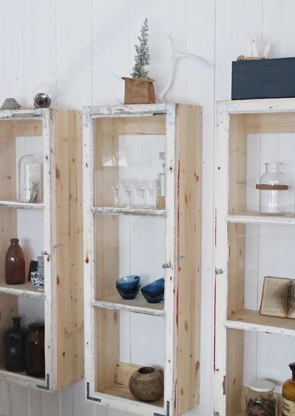 old window frames repurposed into stylish rustic cabinets that you may hang on the wall anywhere you want