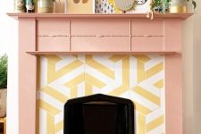 04 a cheerful fireplace with hex striped tiles around and a pink mantel plus quirky art looks very unusual and whimsical