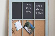 05 a memo board made of an old window frame, some cork boards and chalkboards is a cool idea for a rustic space