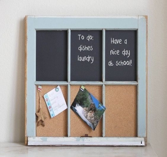 a memo board made of an old window frame, some cork boards and chalkboards is a cool idea for a rustic space