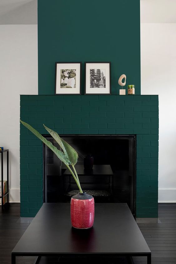 a fantastic teal brick fireplace spruces up a monochromatic room making it bolder and catchier and adds color to it
