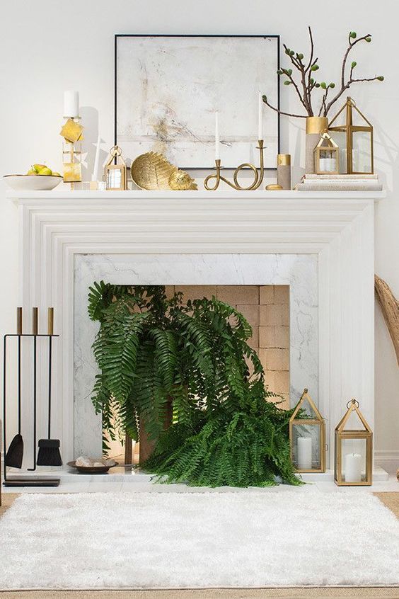 a non-working fireplace with potted ferns, candle lanterns, lights and gold candle lanterns and decor on the mantel