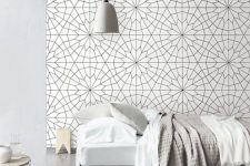 14 geometric flower wallpaper adds dimension to this bedroom and makes the neutral space look bold and very cool