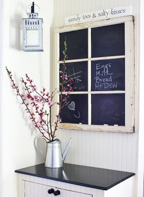 an old window repurposed into a chalkboard piece in shabby chic style is a nice fit for a rustic or vintage space