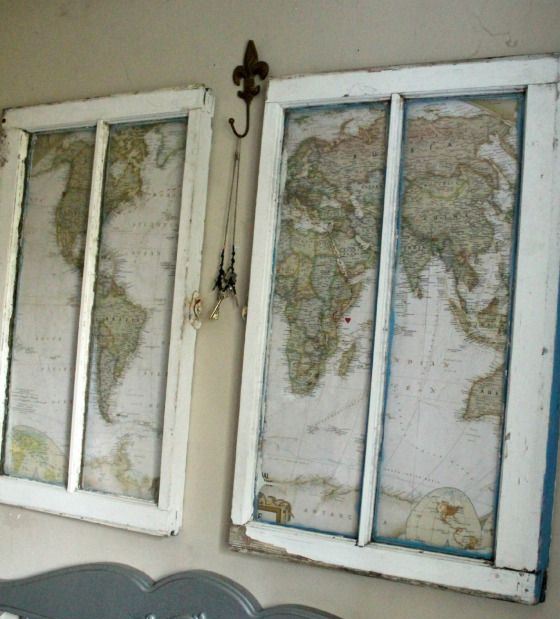 maps in old window frames are catchy and cool artworks to hang in your shabby chic or vintage bedroom