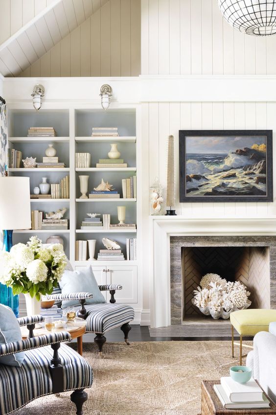 a non-working fireplace with corals inside is a perfect solution for a seaside or coastal home