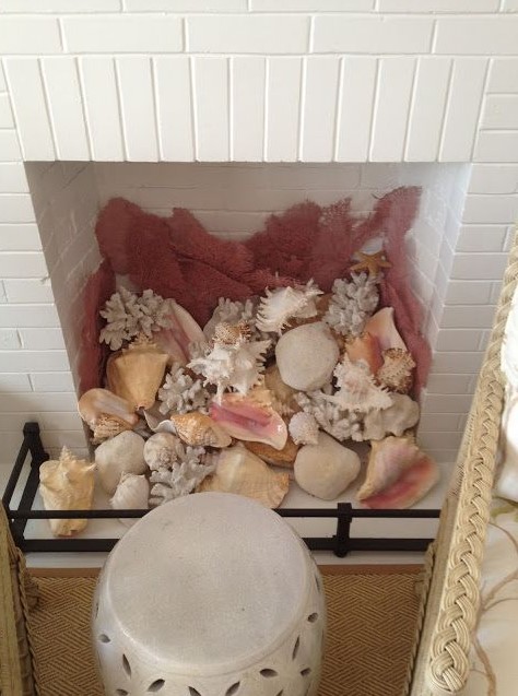 a white brick fireplace filled with lots of various seashells and corals is a great idea for any coastal or seaside home