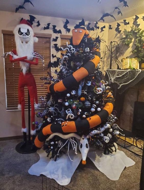 a scary tree eating snake from Nightmare Before Christmas, with black and white ornaments, curls, twigs and skeleton bones is bold