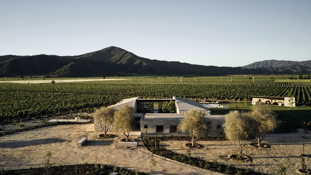 This unique modern home is built of stone and features a courtyard in its center