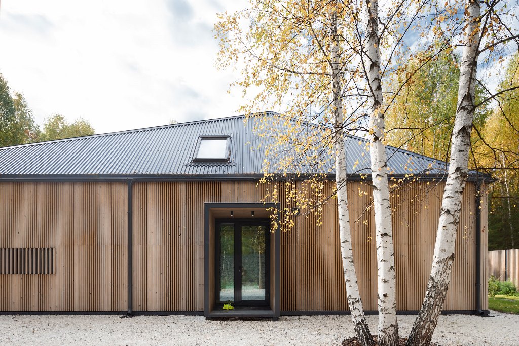 The house is clad with wood and features windows and skylights to get more light inside