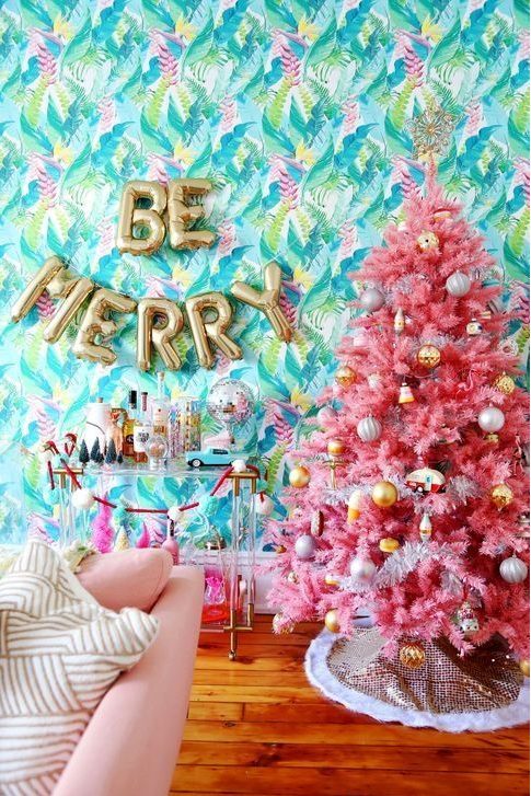 a pink tree decorated with metallic ornaments is a cheerful and bright decor idea to go for