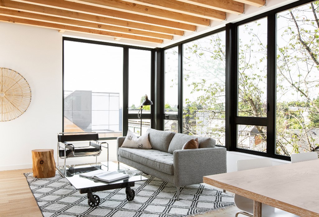 The living room is done with comfy furniture, a table on casters and a printed rug