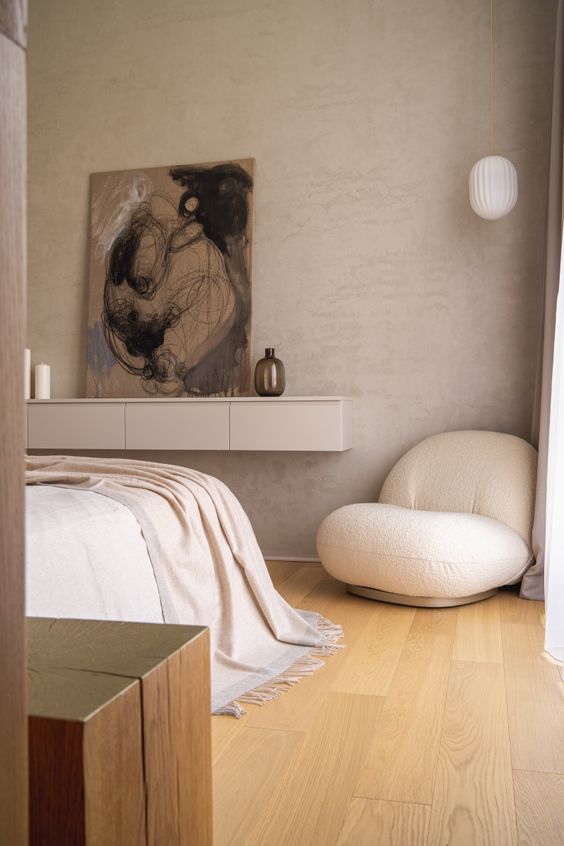 27 a welcoming neutral bedroom in Japandi style, in greys, creamy and earthy tones is very chic and cool