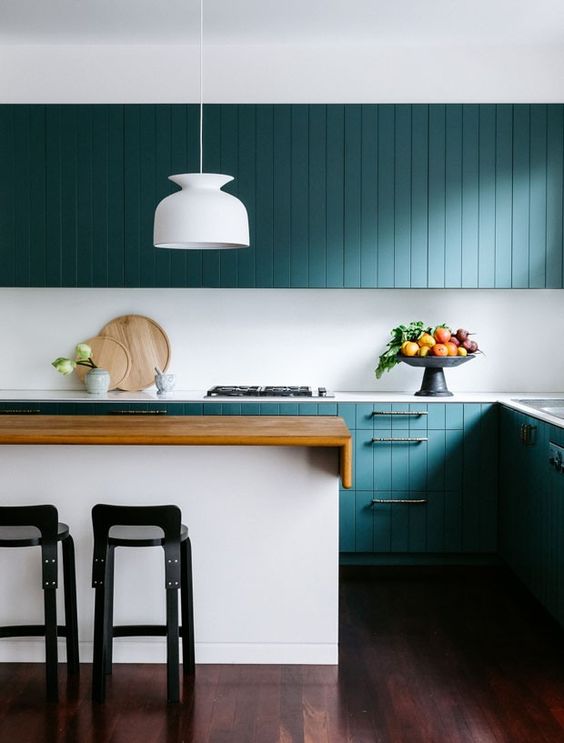 28 a chic contemporary teal kitchen with beadboard cabinets, a white sleek backsplash and countertops is amazing